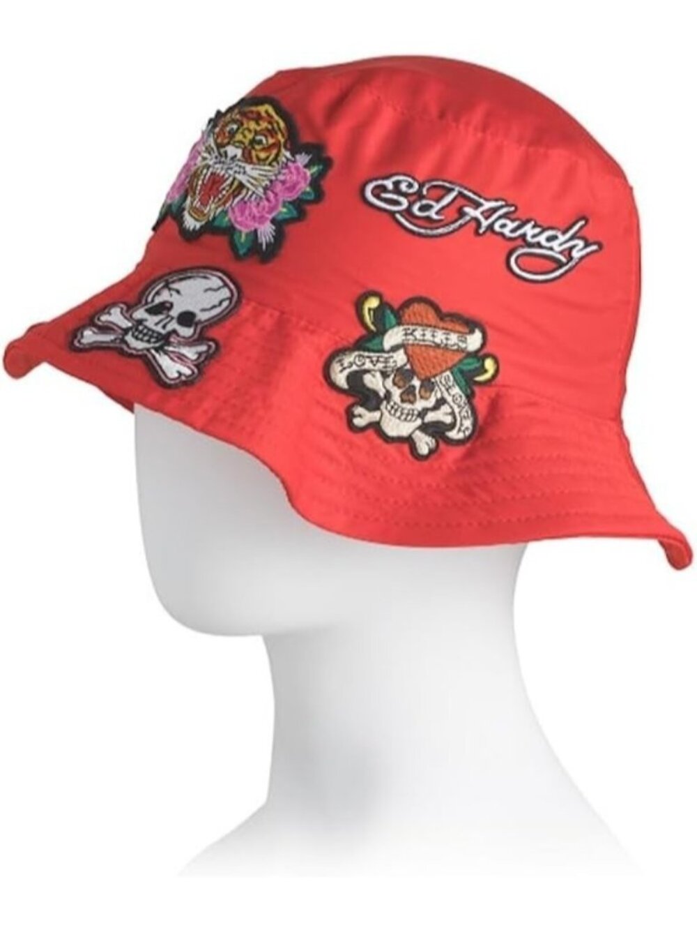 Ed Hardy Wide Brim Bucket Sun Hat Embroidered Red